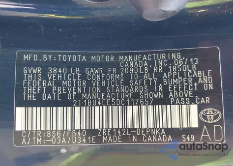 2013 Toyota Corolla Le из США, поврежденный, VIN 2T1BU4EE5DC117657